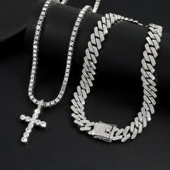 Luxury full diamond tennis chain cross pendant cuban chain necklace set for men women