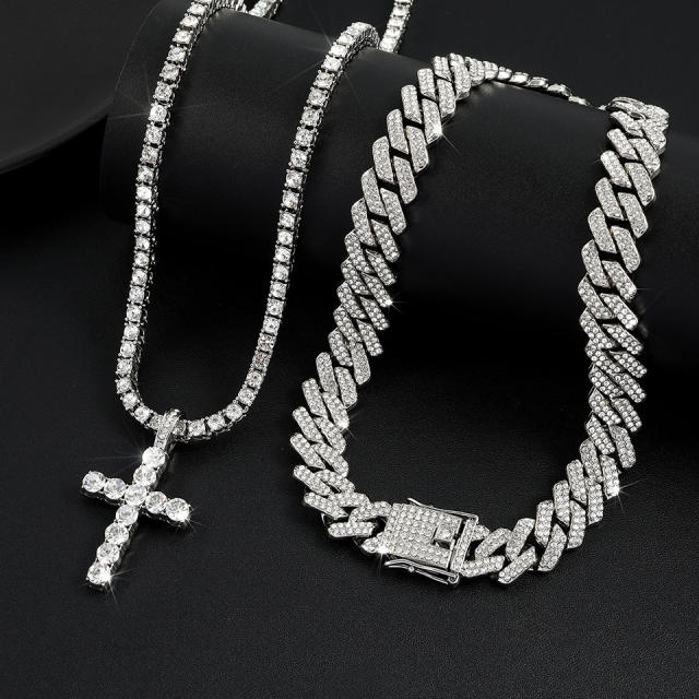 Luxury full diamond tennis chain cross pendant cuban chain necklace set for men women