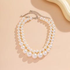 Exaggerated large pearl chocker multi-layer beaded necklace women