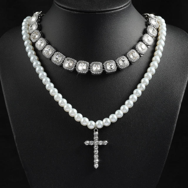 Hiphop pearl necklace cross pendant iceout necklace for men