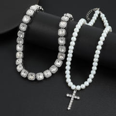 Hiphop pearl necklace cross pendant iceout necklace for men
