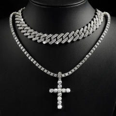 Luxury full diamond tennis chain cross pendant cuban chain necklace set for men women
