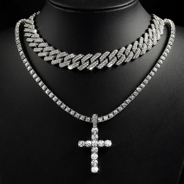 Luxury full diamond tennis chain cross pendant cuban chain necklace set for men women