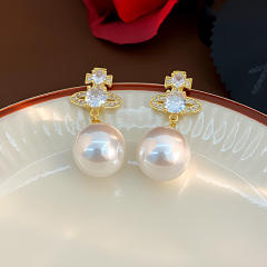 925 needle elegant pearl bead dangle diamond Saturn earrings