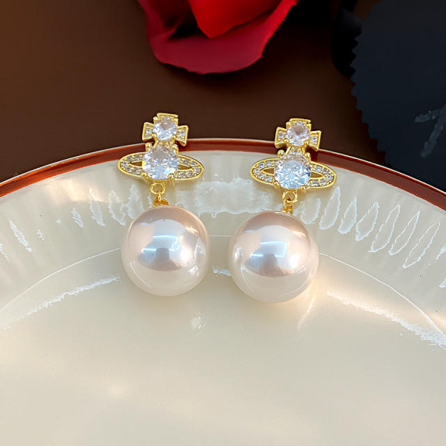 925 needle elegant pearl bead dangle diamond Saturn earrings