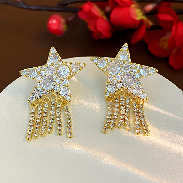 925 needle diamond star chain tassel gold plated copper earrings
