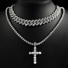 Luxury full diamond tennis chain cross pendant cuban chain necklace set for men women