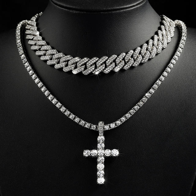 Luxury full diamond tennis chain cross pendant cuban chain necklace set for men women