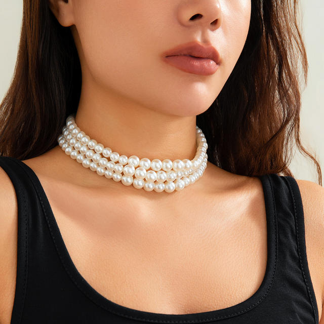 Exaggerated large pearl chocker multi-layer beaded necklace women