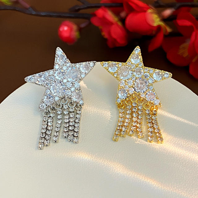 925 needle diamond star chain tassel gold plated copper earrings
