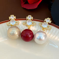 925 needle elegant pearl bead dangle diamond Saturn earrings