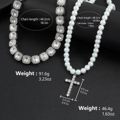 Hiphop pearl necklace cross pendant iceout necklace for men