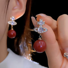 925 needle elegant pearl bead dangle diamond Saturn earrings