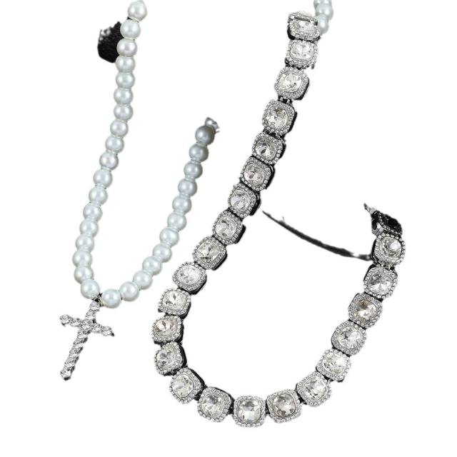 Hiphop pearl necklace cross pendant iceout necklace for men