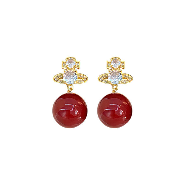 925 needle elegant pearl bead dangle diamond Saturn earrings