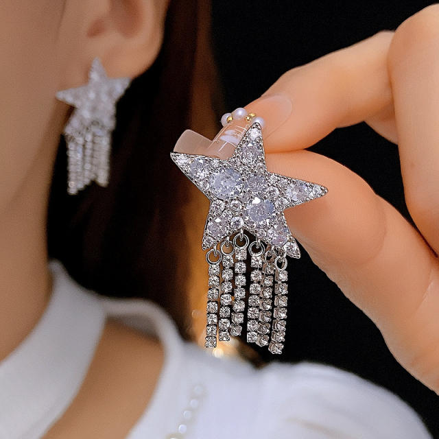 925 needle diamond star chain tassel gold plated copper earrings