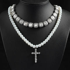 Hiphop pearl necklace cross pendant iceout necklace for men