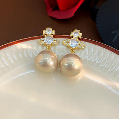 925 needle elegant pearl bead dangle diamond Saturn earrings