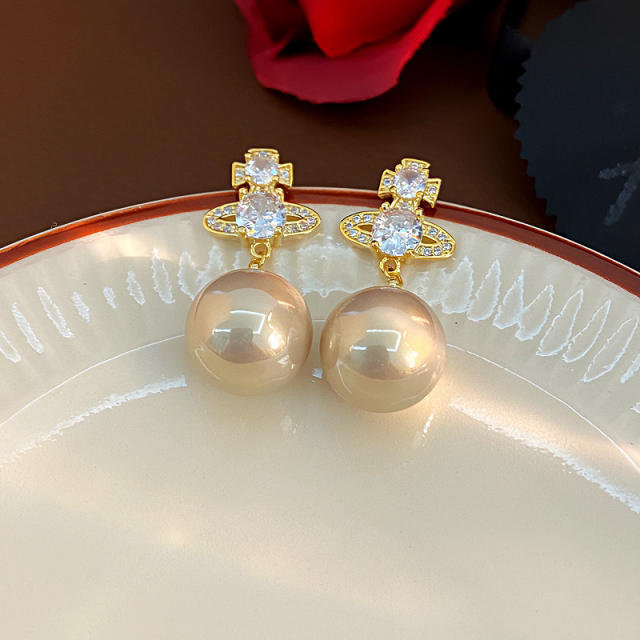 925 needle elegant pearl bead dangle diamond Saturn earrings