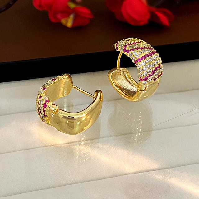 Hot sale full diamond gold plated copper huggie earrings