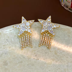 925 needle diamond star chain tassel gold plated copper earrings