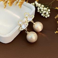 925 needle elegant pearl bead dangle diamond Saturn earrings
