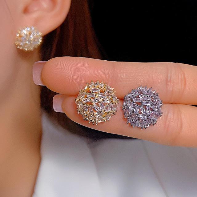 925 needle full diamond ball shape women studs earrings