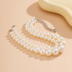 Exaggerated large pearl chocker multi-layer beaded necklace women
