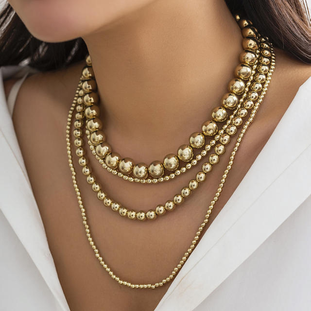 Punk style multi-layer round beads stacked necklace exaggerated beaded necklace