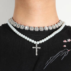 Hiphop pearl necklace cross pendant iceout necklace for men