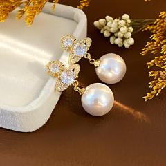 925 needle elegant pearl bead dangle diamond Saturn earrings