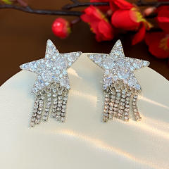 925 needle diamond star chain tassel gold plated copper earrings