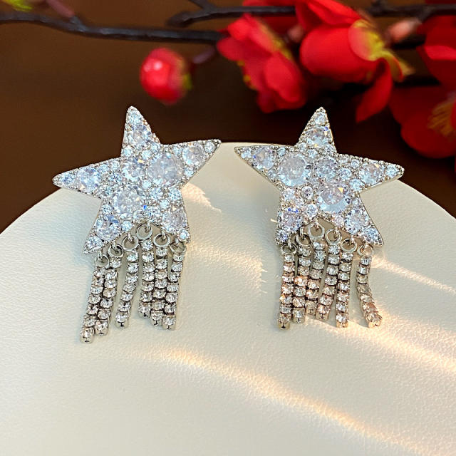 925 needle diamond star chain tassel gold plated copper earrings