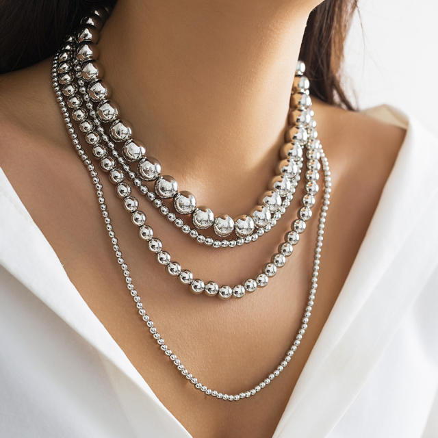 Punk style multi-layer round beads stacked necklace exaggerated beaded necklace