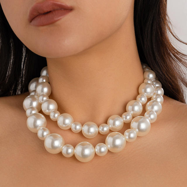 Exaggerated large pearl chocker multi-layer beaded necklace women