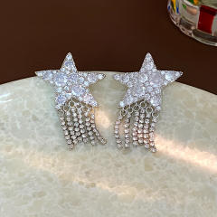 925 needle diamond star chain tassel gold plated copper earrings