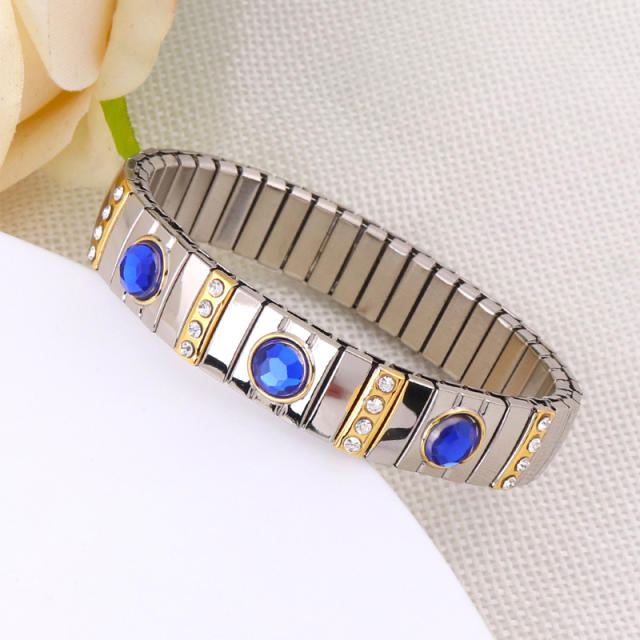 Hot sale colorful rhinestone statement stainless steel elestic bangle bracelet