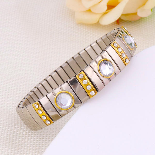 Hot sale colorful rhinestone statement stainless steel elestic bangle bracelet