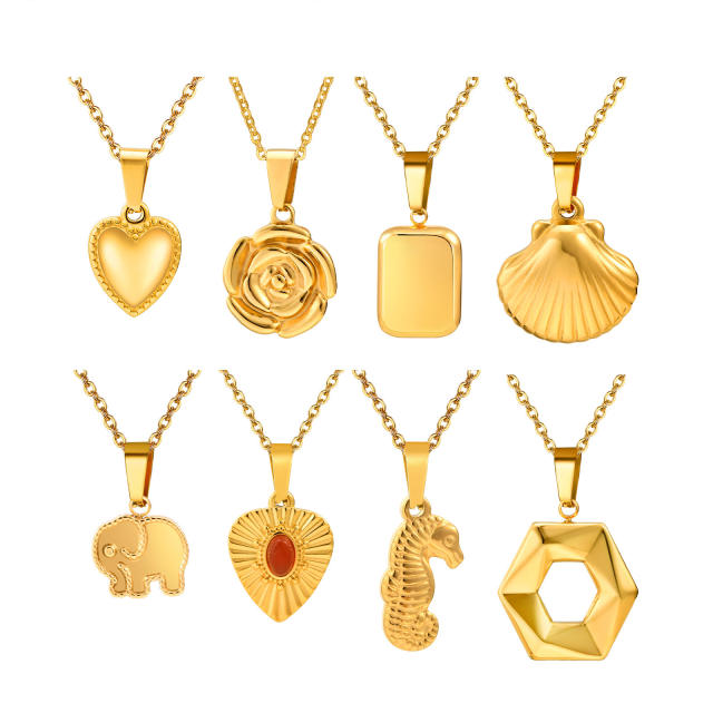 Dainty gold color stainless steel elephant rose flower pendant necklace collection