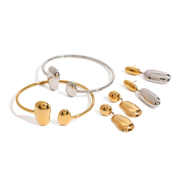 Elegant chunky geometric stainless steel bangle earrings set