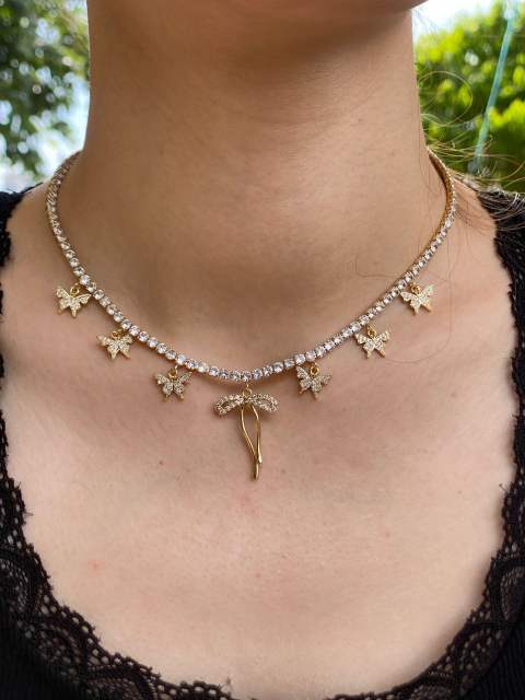 18KG evil eye charm tennis chain bow charm copper necklace set