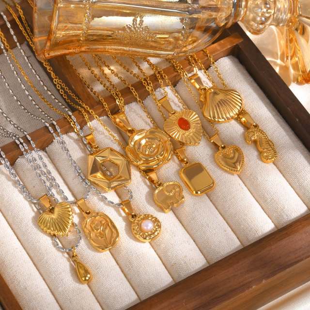 Dainty gold color stainless steel elephant rose flower pendant necklace collection