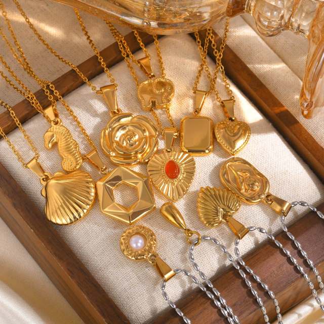 Dainty gold color stainless steel elephant rose flower pendant necklace collection