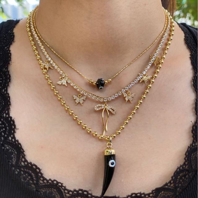 18KG evil eye charm tennis chain bow charm copper necklace set