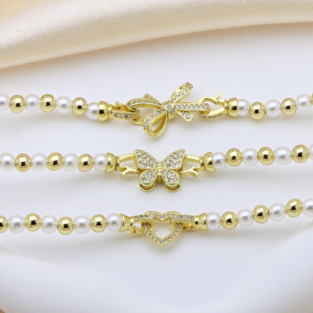 Delicate 18K gold plated copper bead diamond butterfly heart bow imitation pearl bead choker necklace