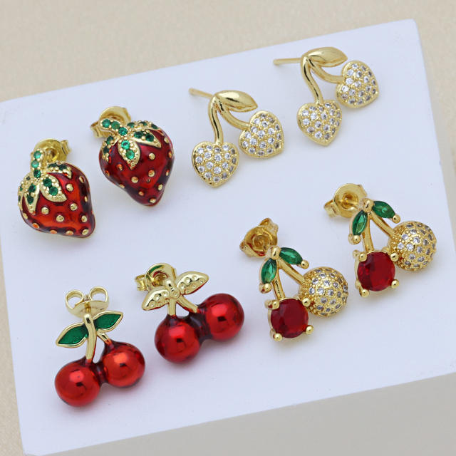 Summer sweet cherry strawberry gold plated copper earrings