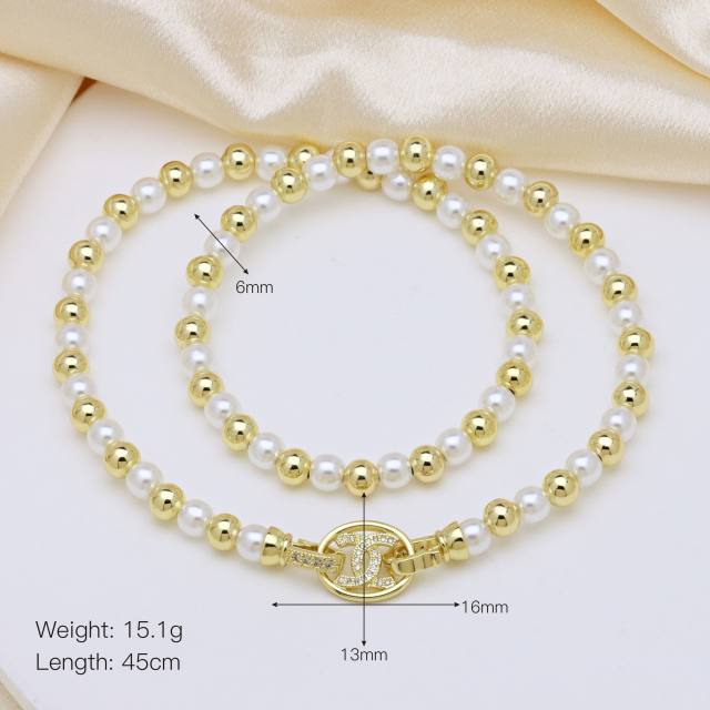 18K gold plated copper ball bead imitation pearl bead choker necklace