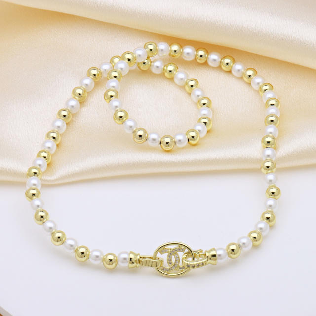 18K gold plated copper ball bead imitation pearl bead choker necklace