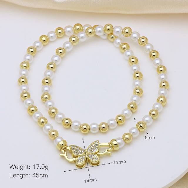 Delicate 18K gold plated copper bead diamond butterfly heart bow imitation pearl bead choker necklace