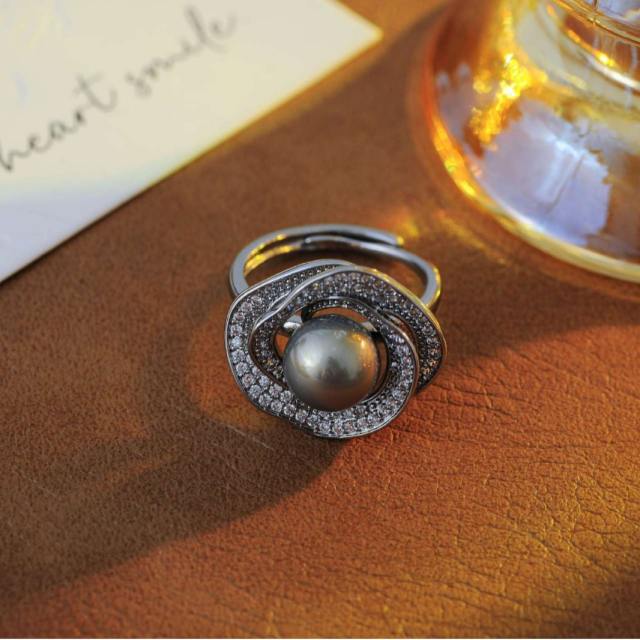 Luxury black pealr bead diamond bracelet rings necklace set